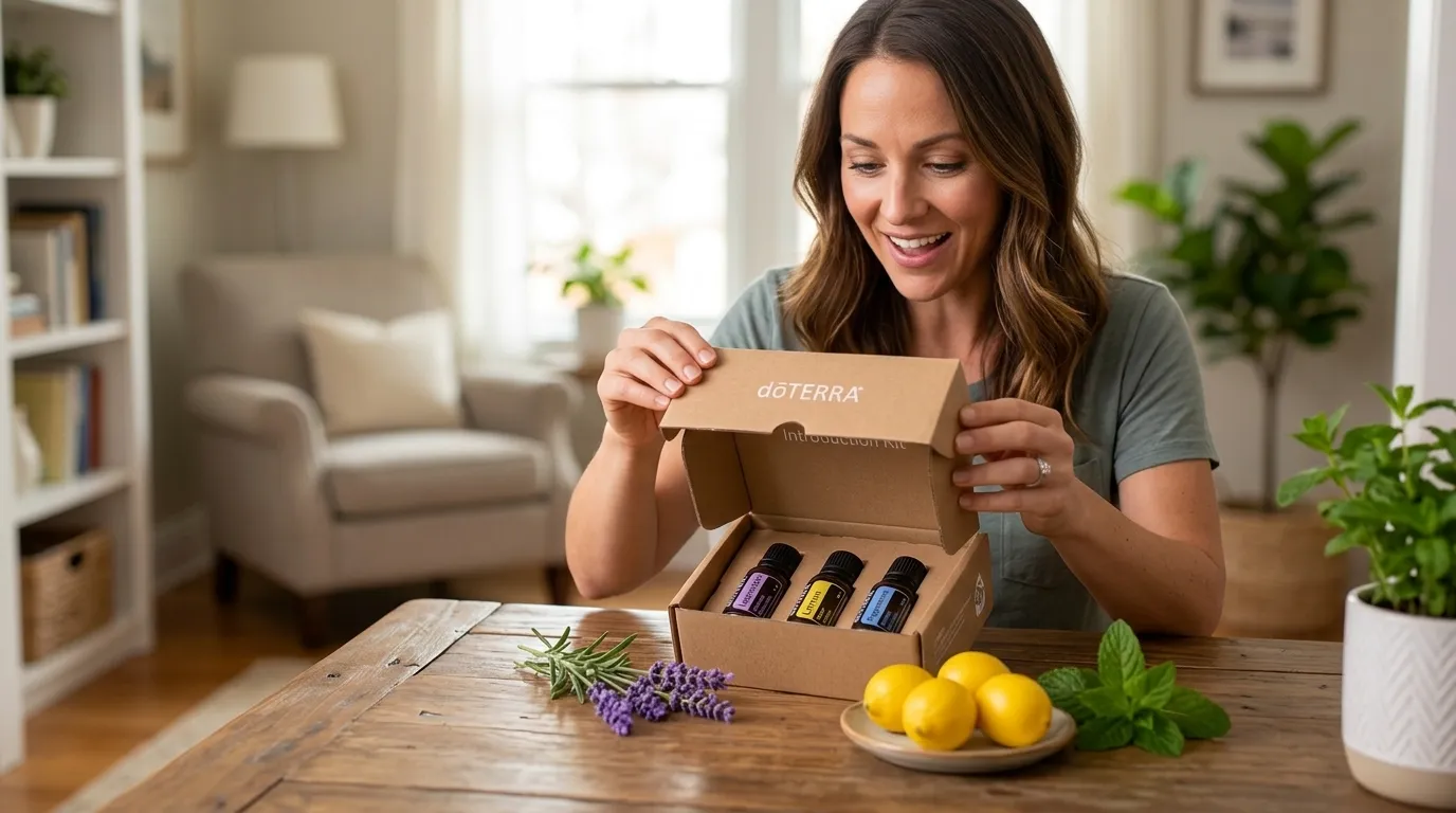 Frascos de óleos essenciais aromaterapia doTERRA sobre mesa com difusor ultrassônico ligado