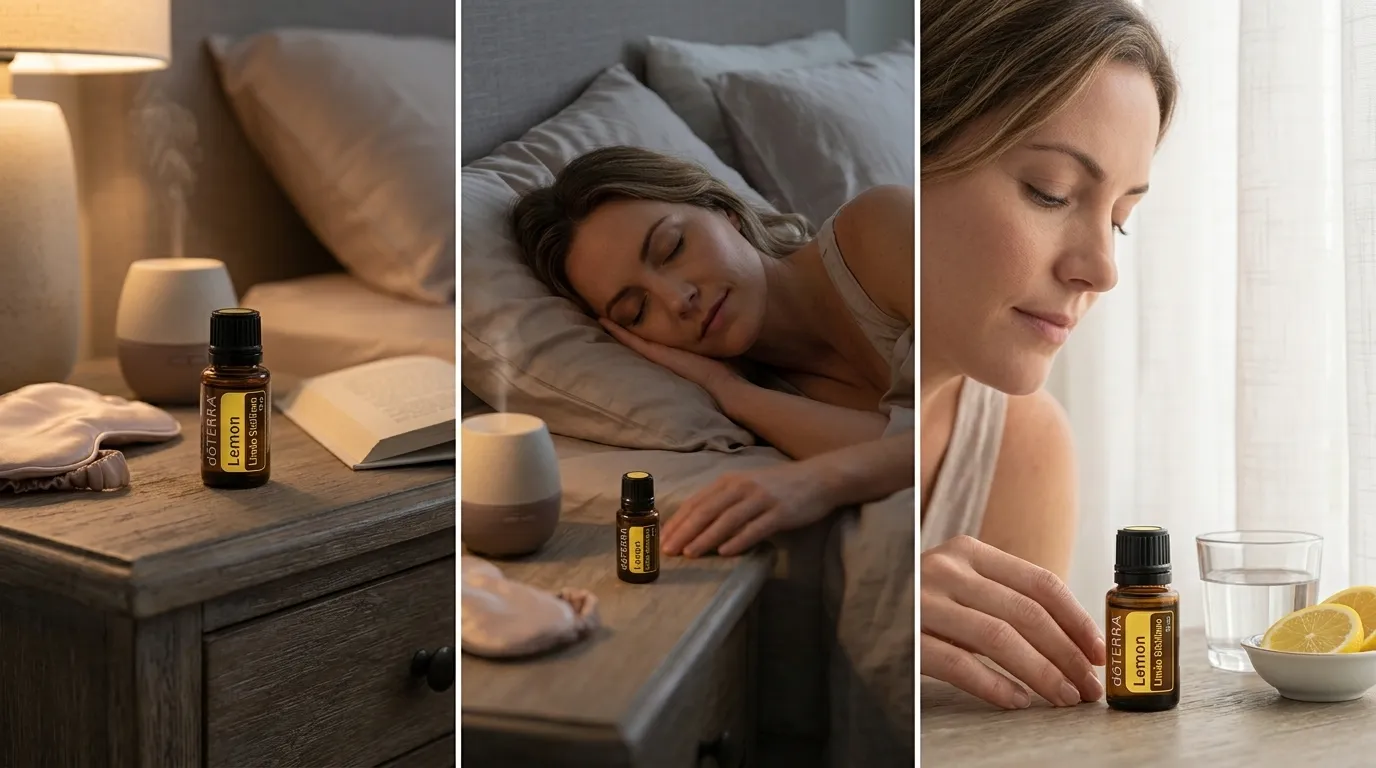 Kit trio de óleos essenciais doTERRA em frascos de 5ml dispostos com difusor ultrassônico e folhas naturais